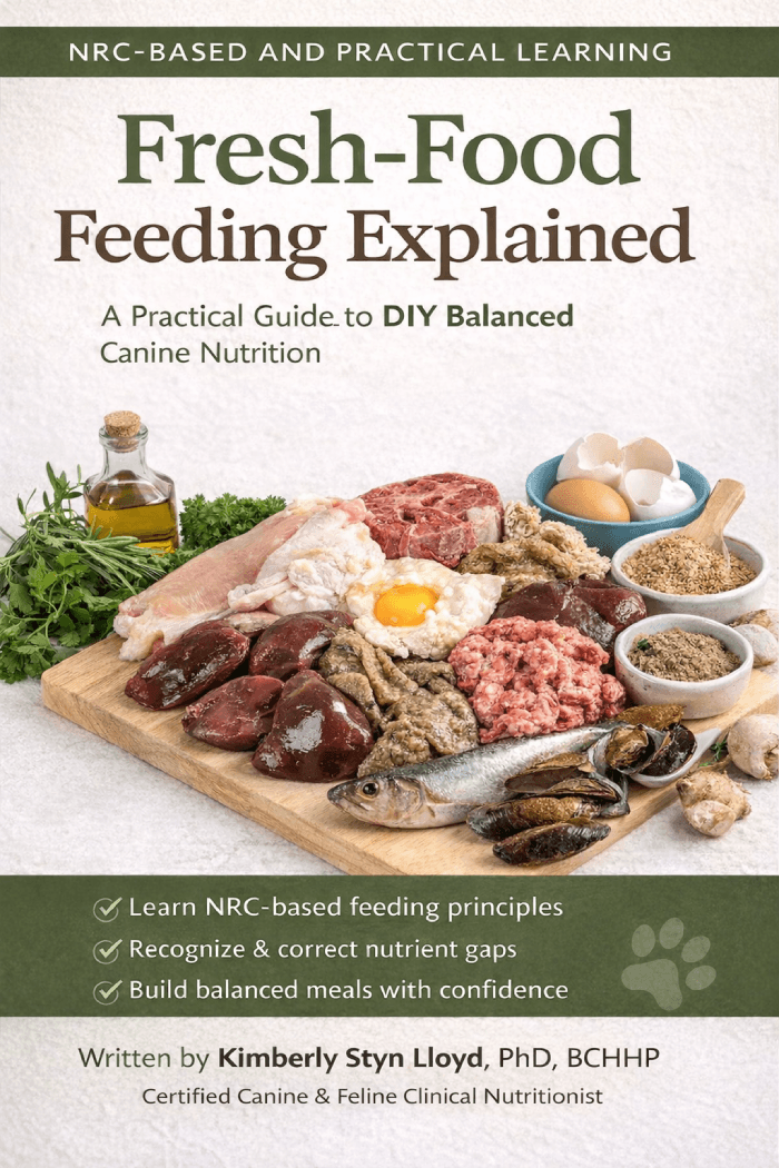 Fresh-Food Feeding Explained — the eBook cover, a practical guide to DIY balanced canine nutrition by Kimberly Lloyd, PhD