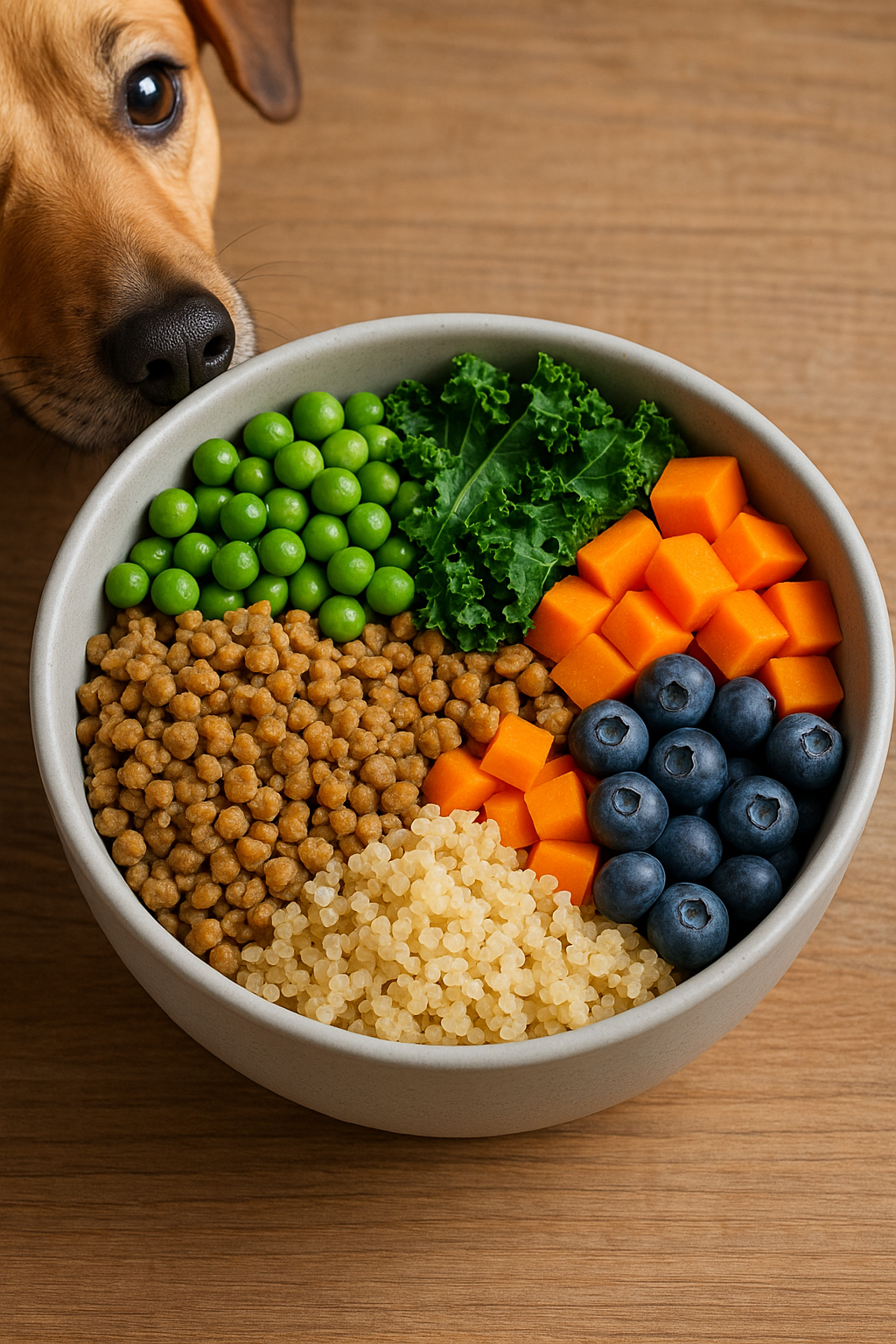 plant based diet for dogs - picture of a sample bowl wtih dog Plant-based diets offer a cruelty-free, ethical approach to canine nutrition—nourishing your pet without harming other animals or the planet.
